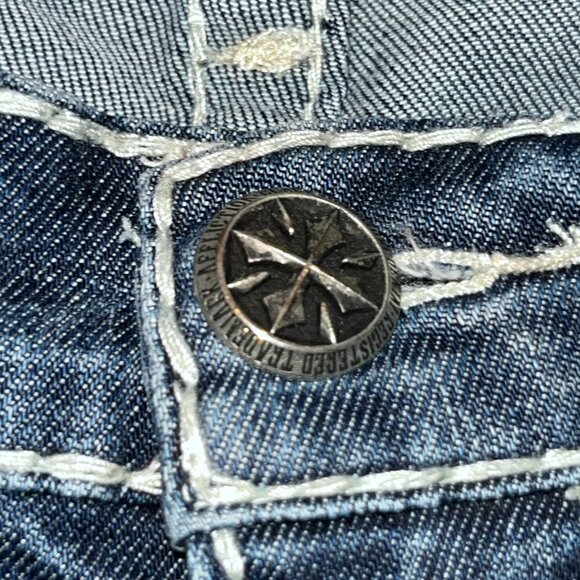 AFFLICTION 73 MMA JADE Top Stitched Denim Distressed Low Rise Flare Jeans EUC 27 - Picture 5 of 14